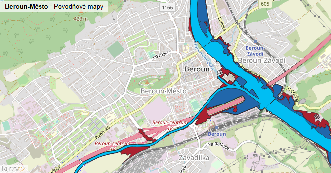 Beroun-Město - záplavové mapy stoleté vody