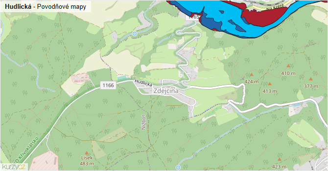 Hudlická - záplavové mapy stoleté vody