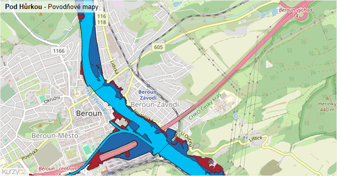 Pod Hůrkou - záplavové mapy stoleté vody