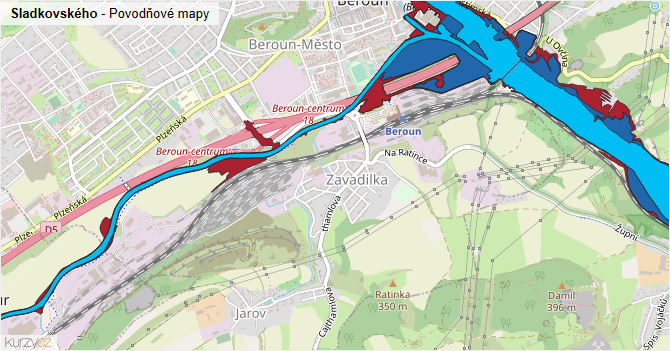 Sladkovského - záplavové mapy stoleté vody