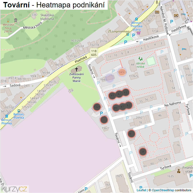 Mapa Tovární - Firmy v ulici.