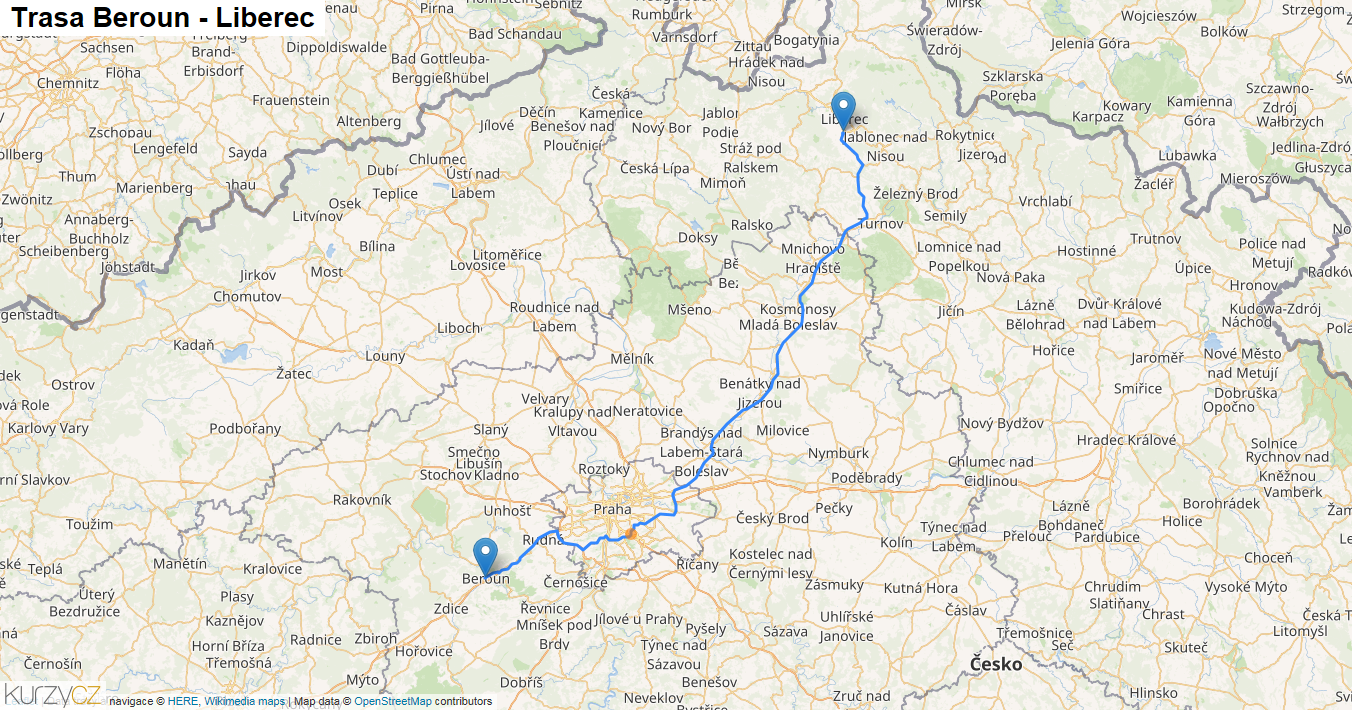Beroun-Liberec, mapa trasy