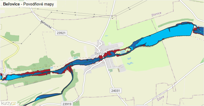 Beřovice - záplavové mapy stoleté vody