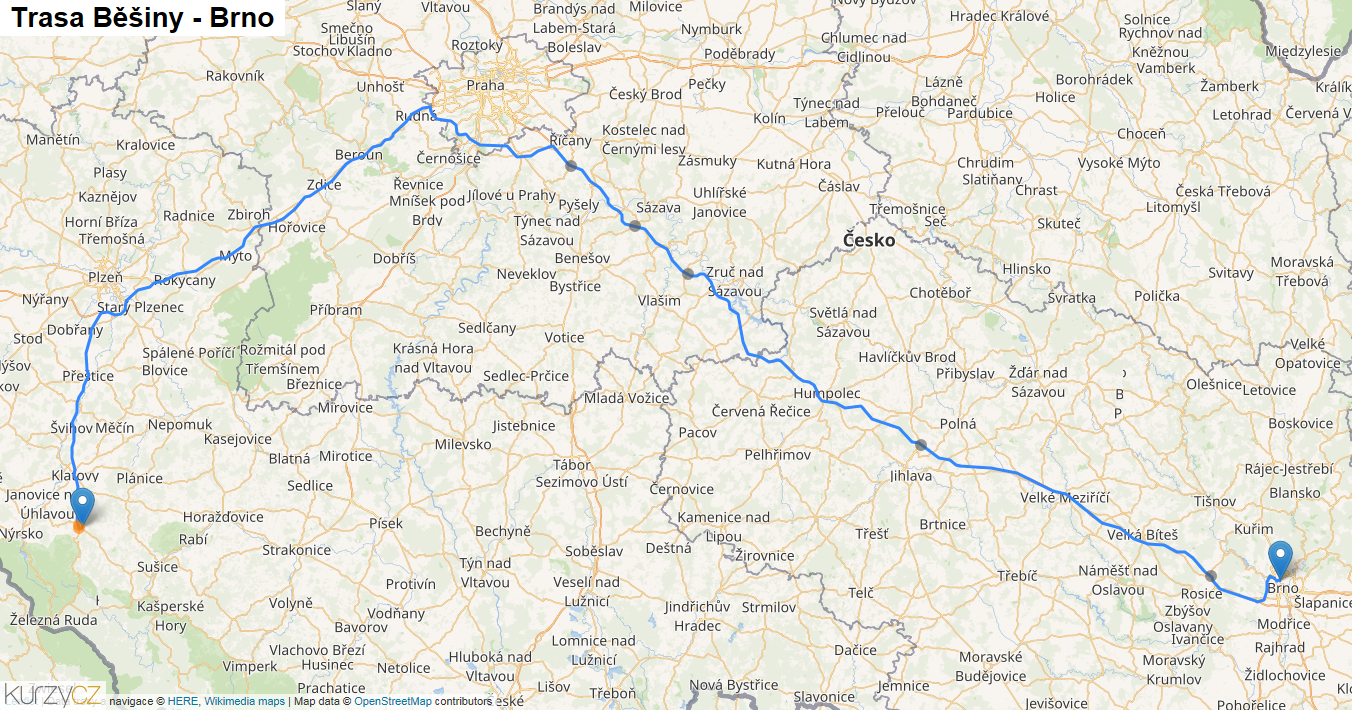 Běšiny-Brno, mapa trasy
