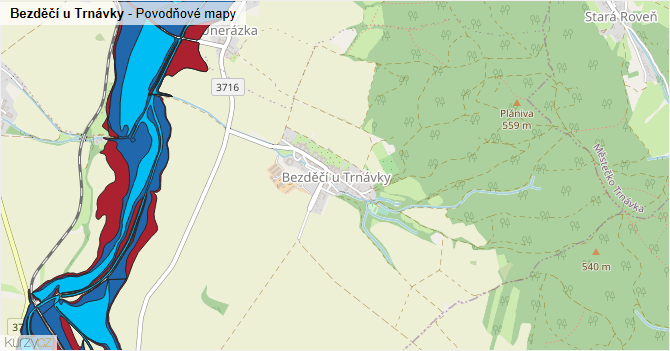 Bezděčí u Trnávky - záplavové mapy stoleté vody
