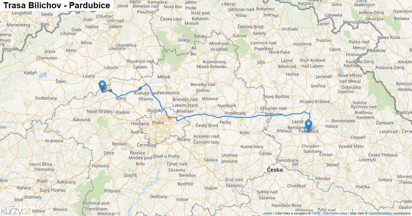 Bílichov-Pardubice, mapa trasy