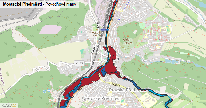 Mostecké Předměstí - záplavové mapy stoleté vody