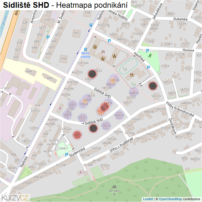 Mapa Sídliště SHD - Firmy v ulici.