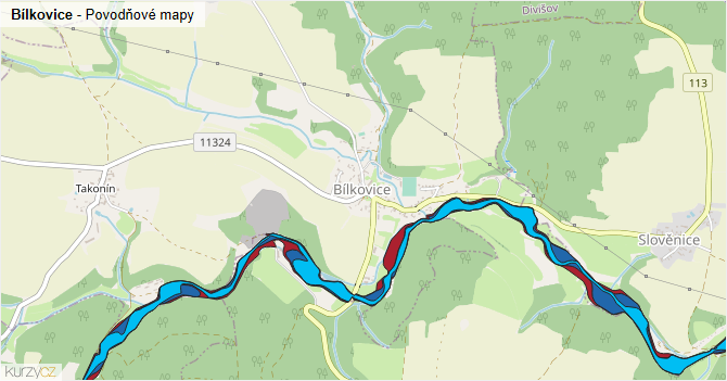 Bílkovice - záplavové mapy stoleté vody