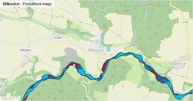 Bílkovice - záplavové mapy stoleté vody