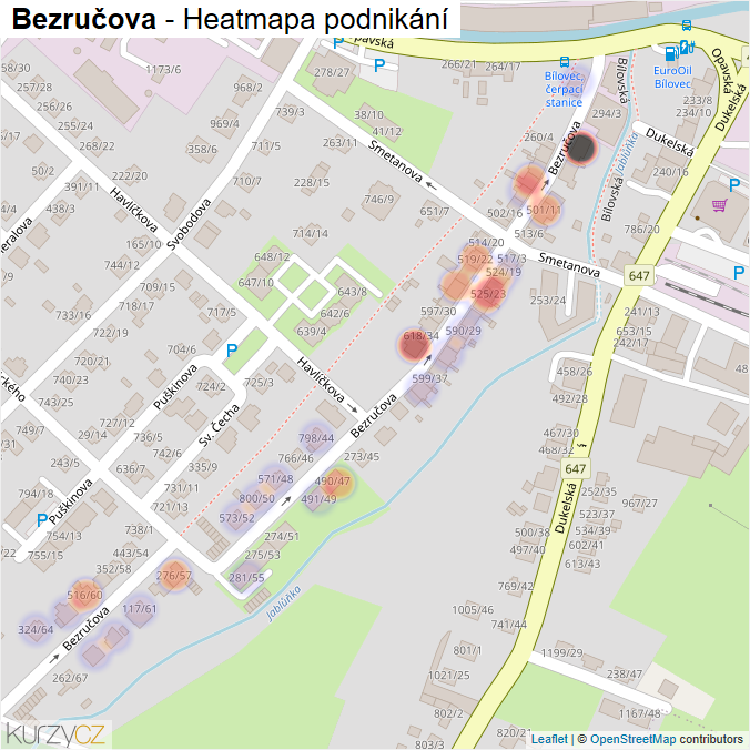 Mapa Bezručova - Firmy v ulici.