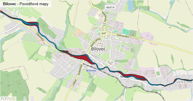 Bílovec - záplavové mapy stoleté vody