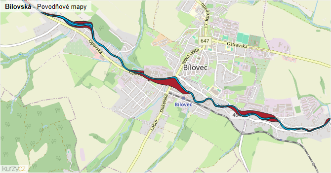 Bílovská - záplavové mapy stoleté vody