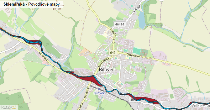 Sklenářská - záplavové mapy stoleté vody