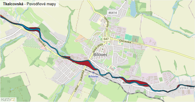Tkalcovská - záplavové mapy stoleté vody