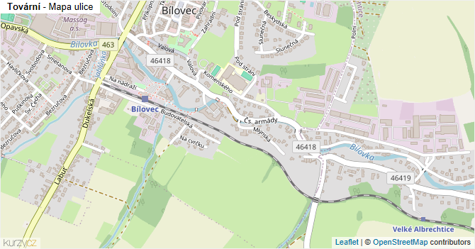 Tovární - mapa ulice