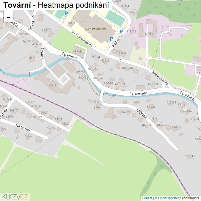 Mapa Tovární - Firmy v ulici.