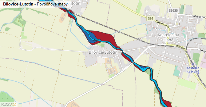 Bílovice-Lutotín - záplavové mapy stoleté vody