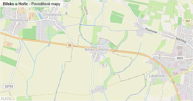 Bílsko u Hořic - záplavové mapy stoleté vody