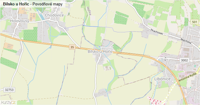 Bílsko u Hořic - záplavové mapy stoleté vody