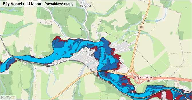 Bílý Kostel nad Nisou - záplavové mapy stoleté vody