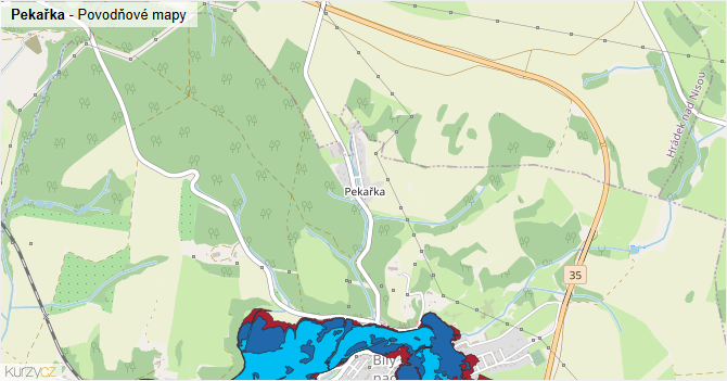 Pekařka - záplavové mapy stoleté vody