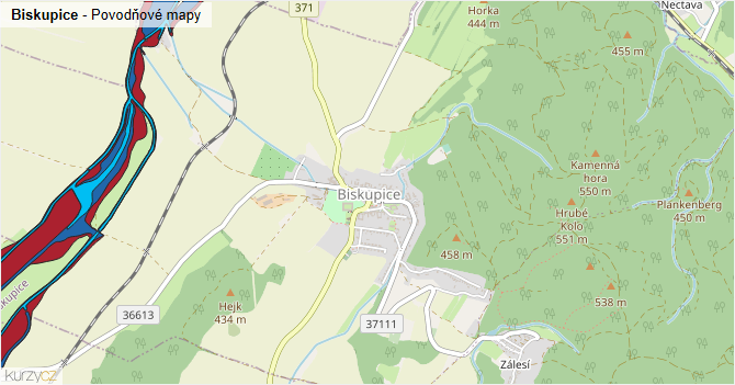 Biskupice - záplavové mapy stoleté vody