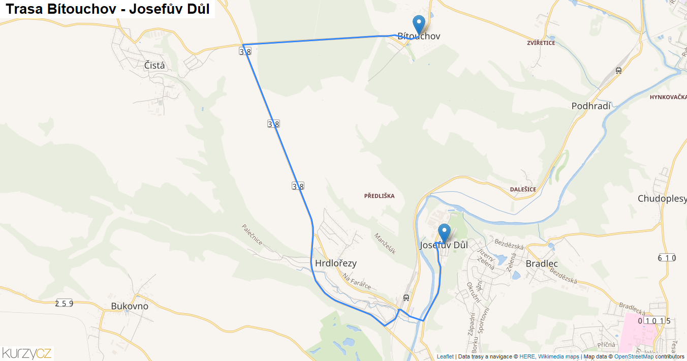 Bítouchov-Josefův Důl, mapa trasy