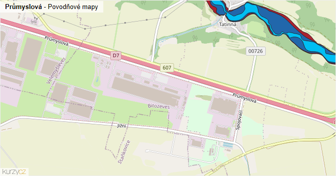 Průmyslová - záplavové mapy stoleté vody