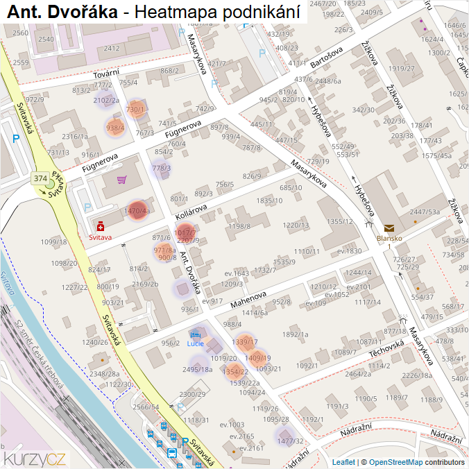 Mapa Ant. Dvořáka - Firmy v ulici.