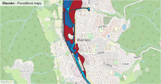 Blansko - záplavové mapy stoleté vody