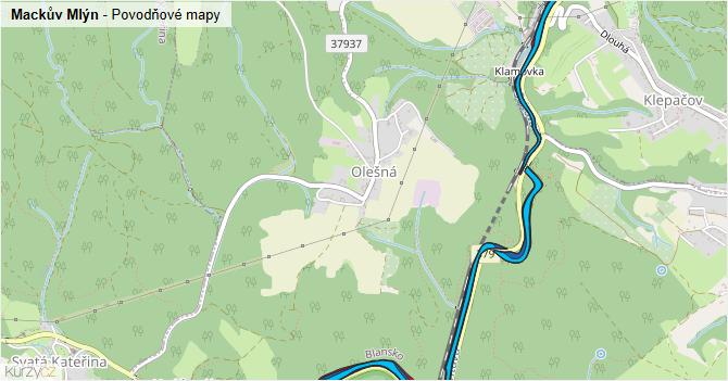 Mackův Mlýn - záplavové mapy stoleté vody