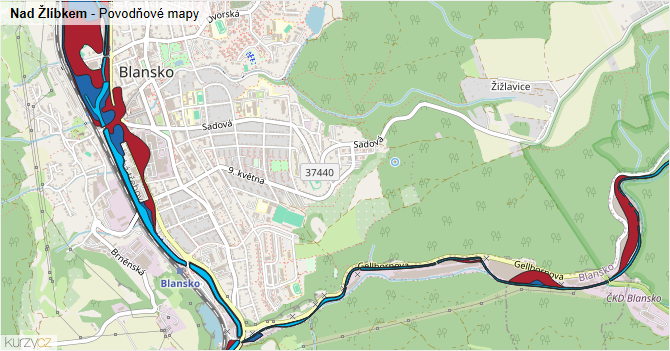 Nad Žlíbkem - záplavové mapy stoleté vody