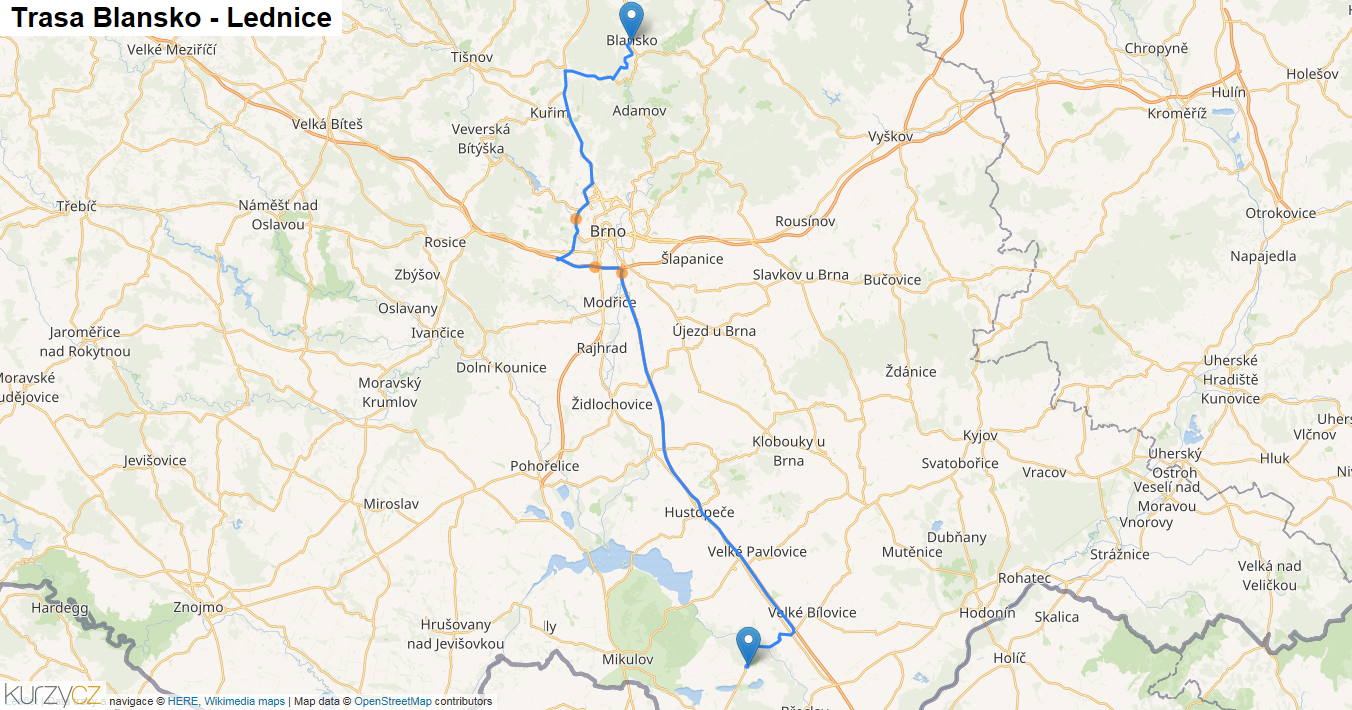 Blansko-Lednice, mapa trasy