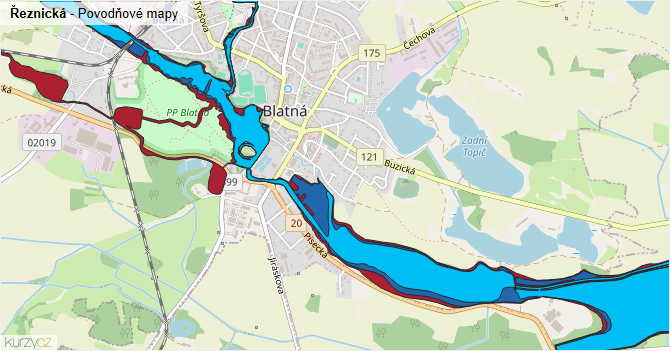 Řeznická - záplavové mapy stoleté vody