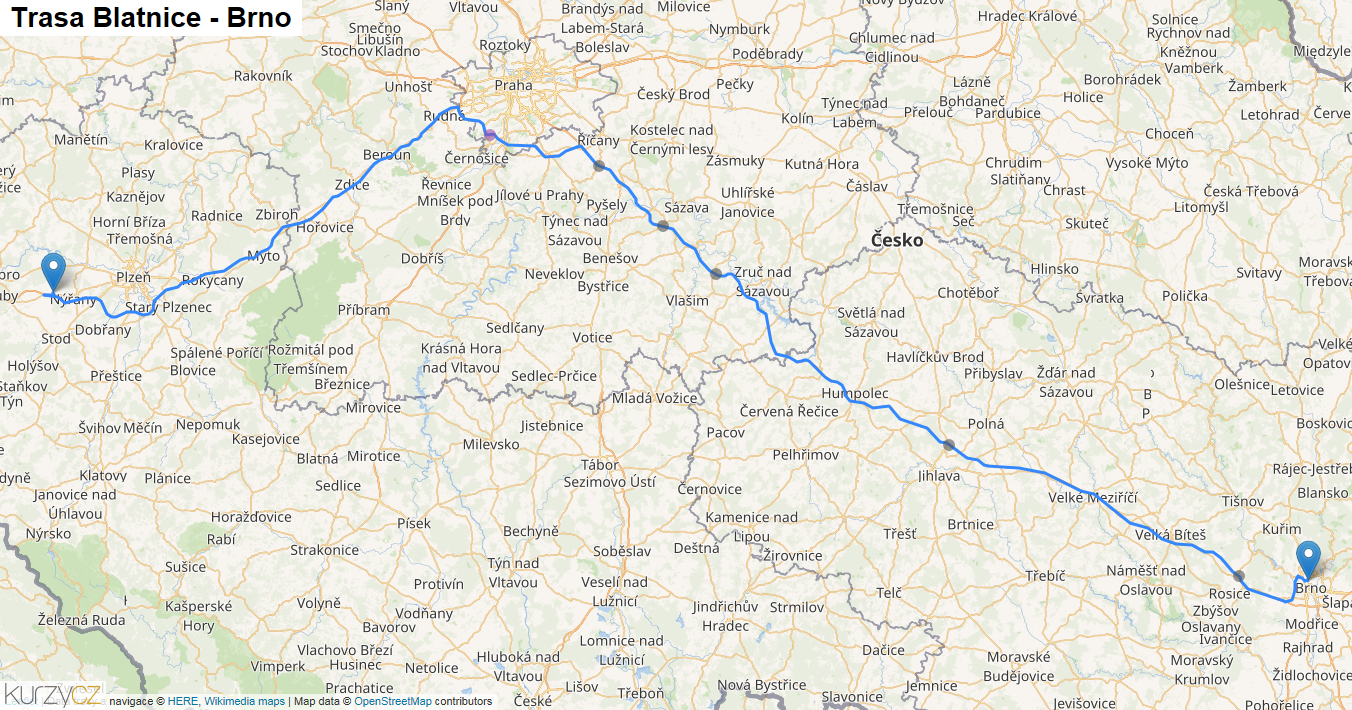 Blatnice-Brno, mapa trasy