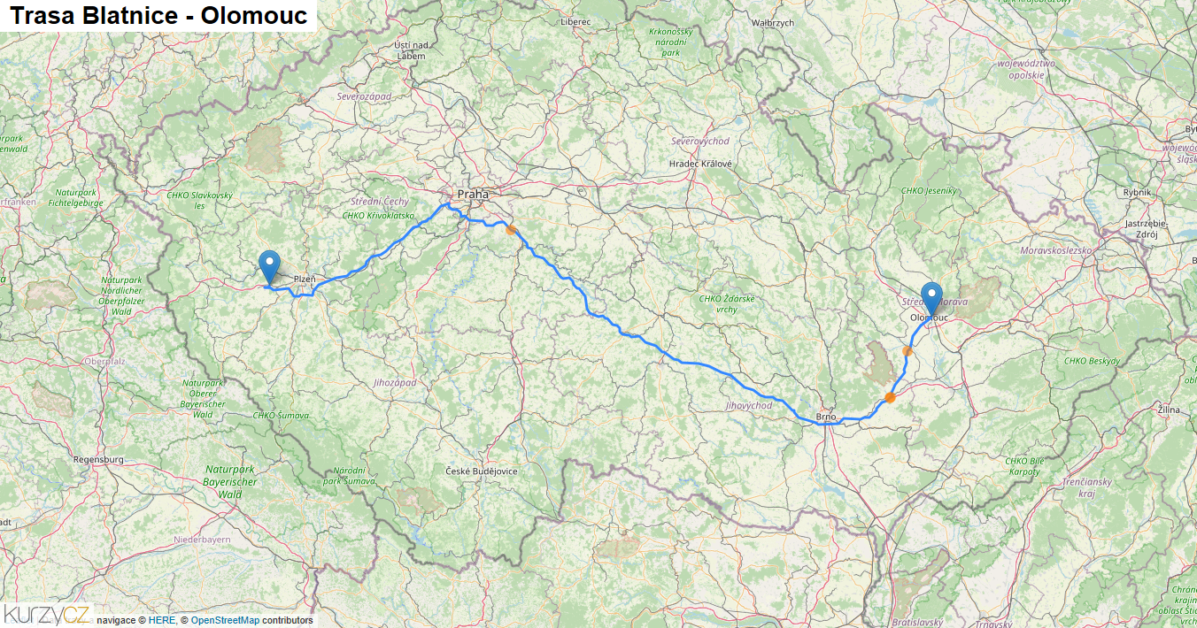 Blatnice-Olomouc, mapa trasy