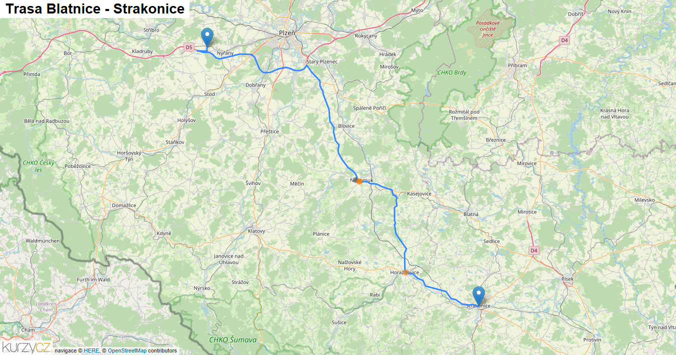 Blatnice-Strakonice, mapa trasy