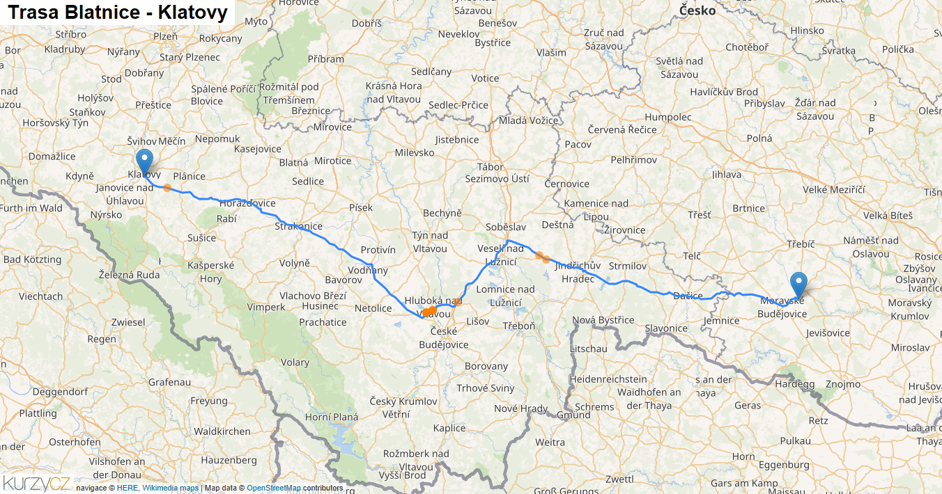 Blatnice-Klatovy, mapa trasy