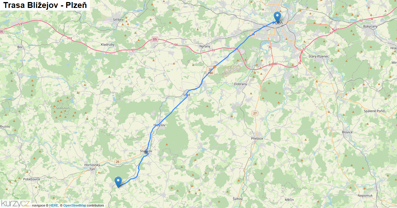 Blížejov-Plzeň, mapa trasy