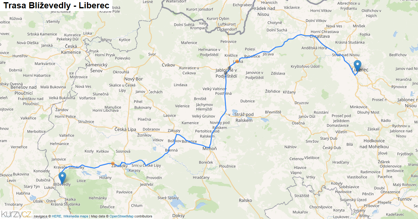 Blíževedly-Liberec, mapa trasy