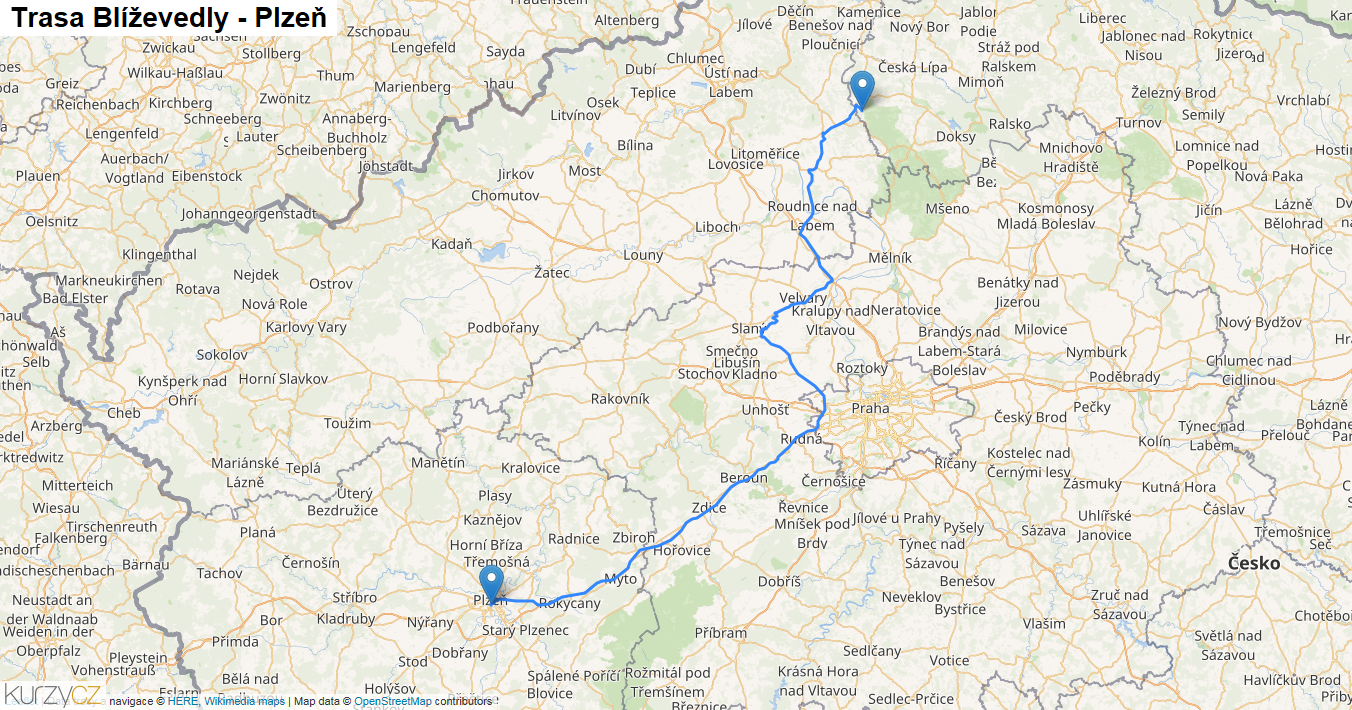 Blíževedly-Plzeň, mapa trasy