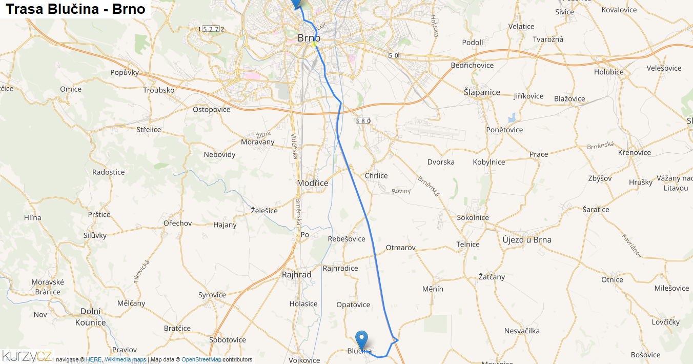 Blučina-Brno, mapa trasy