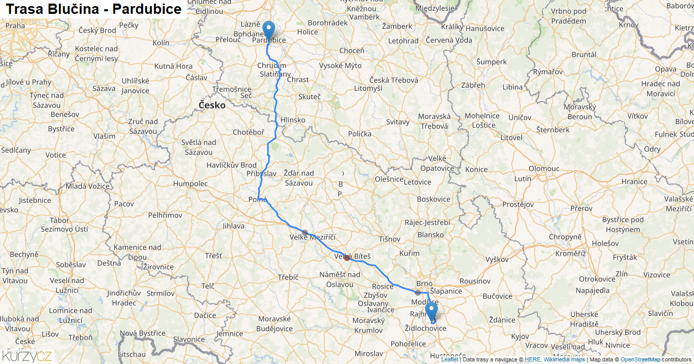 Blučina-Pardubice, mapa trasy