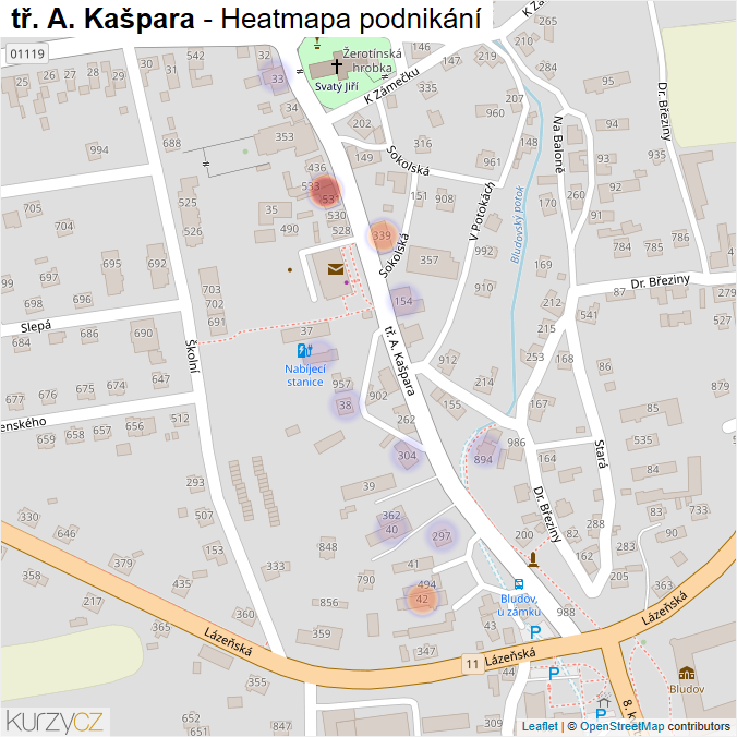 Mapa tř. A. Kašpara - Firmy v ulici.
