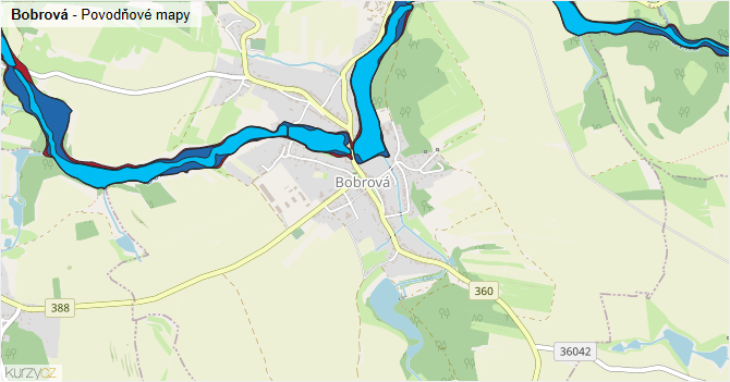 Bobrová - záplavové mapy stoleté vody