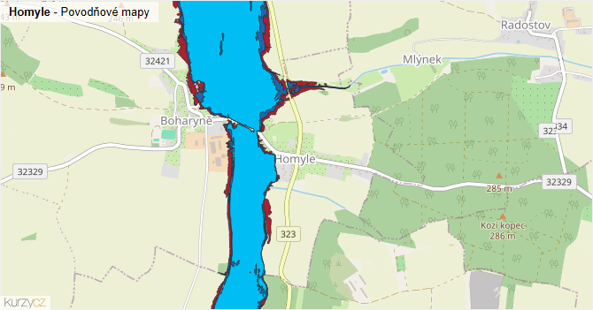 Homyle - záplavové mapy stoleté vody