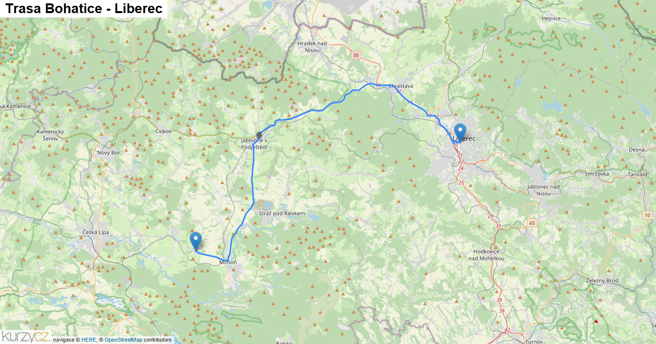 Bohatice-Liberec, mapa trasy