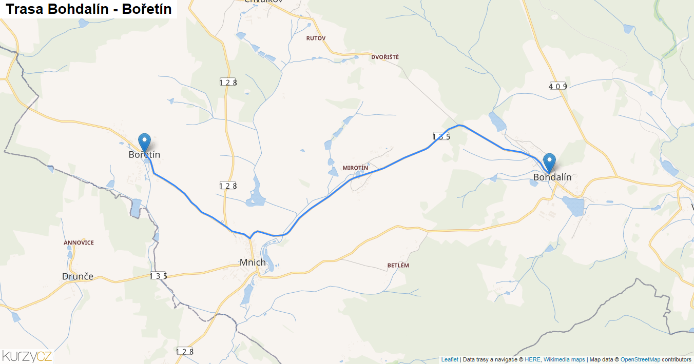 Bohdalín-Bořetín, mapa trasy