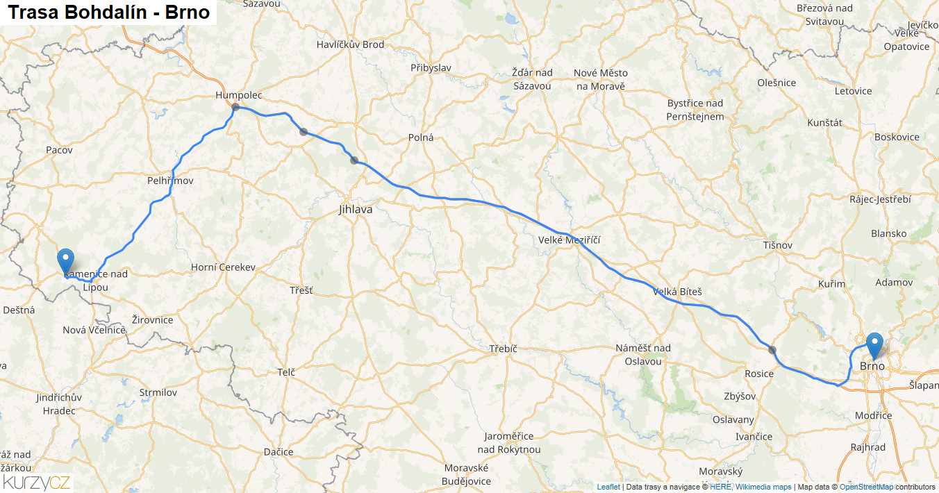 Bohdalín-Brno, mapa trasy